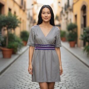 Boden 100% Linen Dress Women 6 R Taupe Brown Purple Nautical Resort Preppy Short